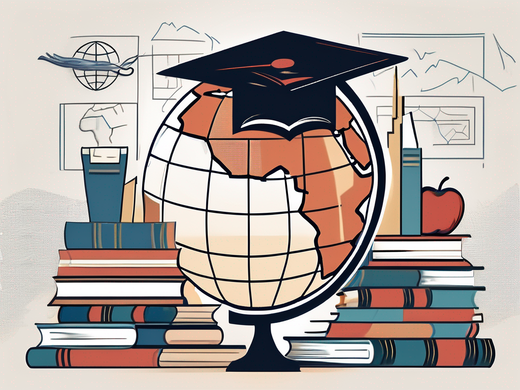 A classroom environment with various symbolic elements such as a pile of books