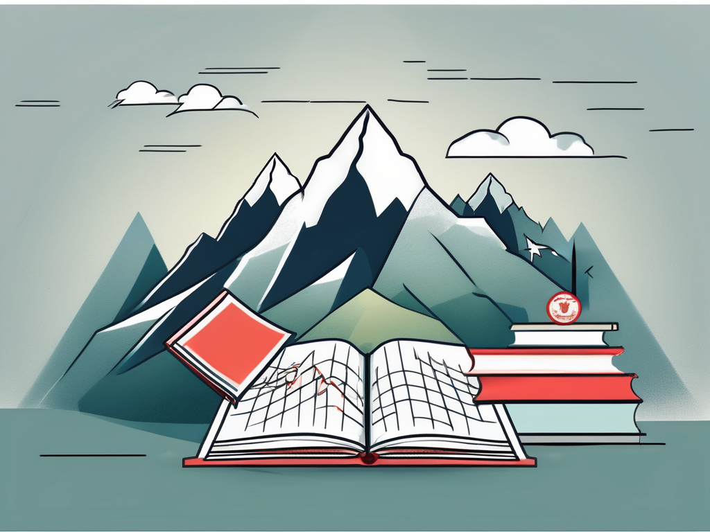 A classroom setting with various symbolic elements such as a steep mountain to represent challenges