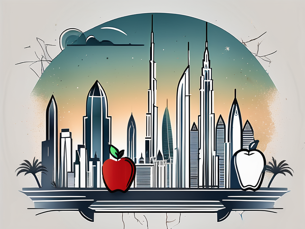 The dubai skyline with symbolic elements like graduation caps
