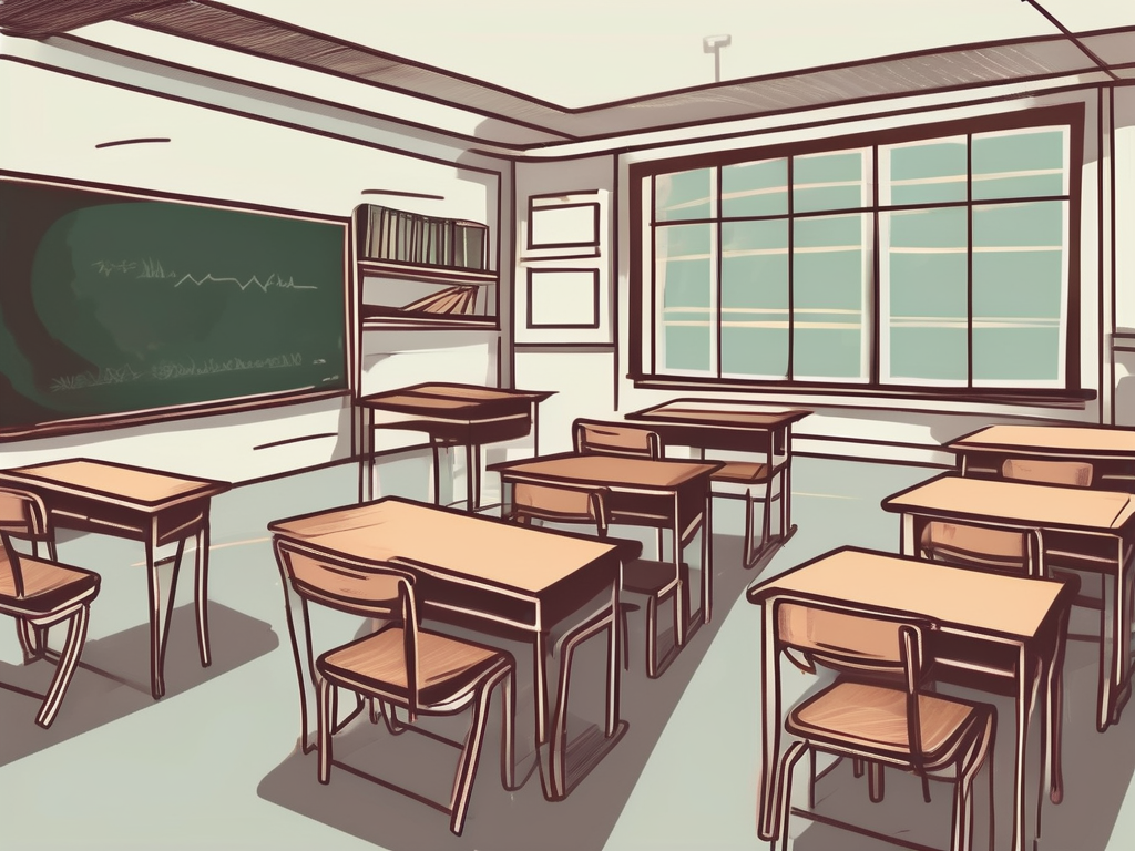 A classroom setting with empty chairs and desks