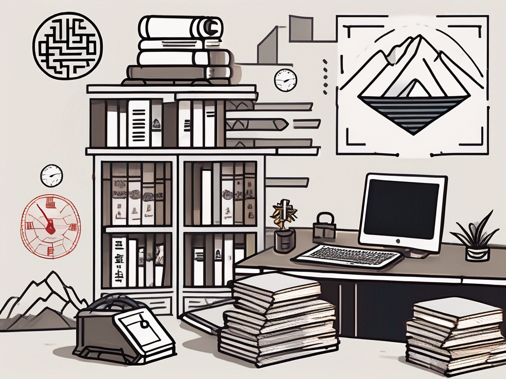 A classroom setting in china with various symbols representing challenges such as a broken computer (representing technology issues)