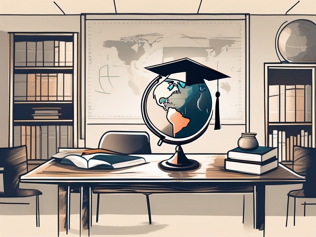 A classroom setting in dubai with a graduation cap and a globe on the teacher's desk