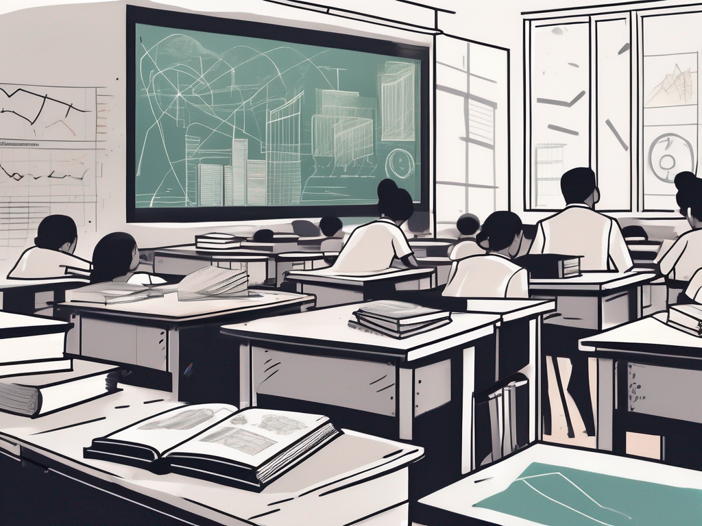 A classroom scene in malaysia with a focus on various elements such as a large stack of books