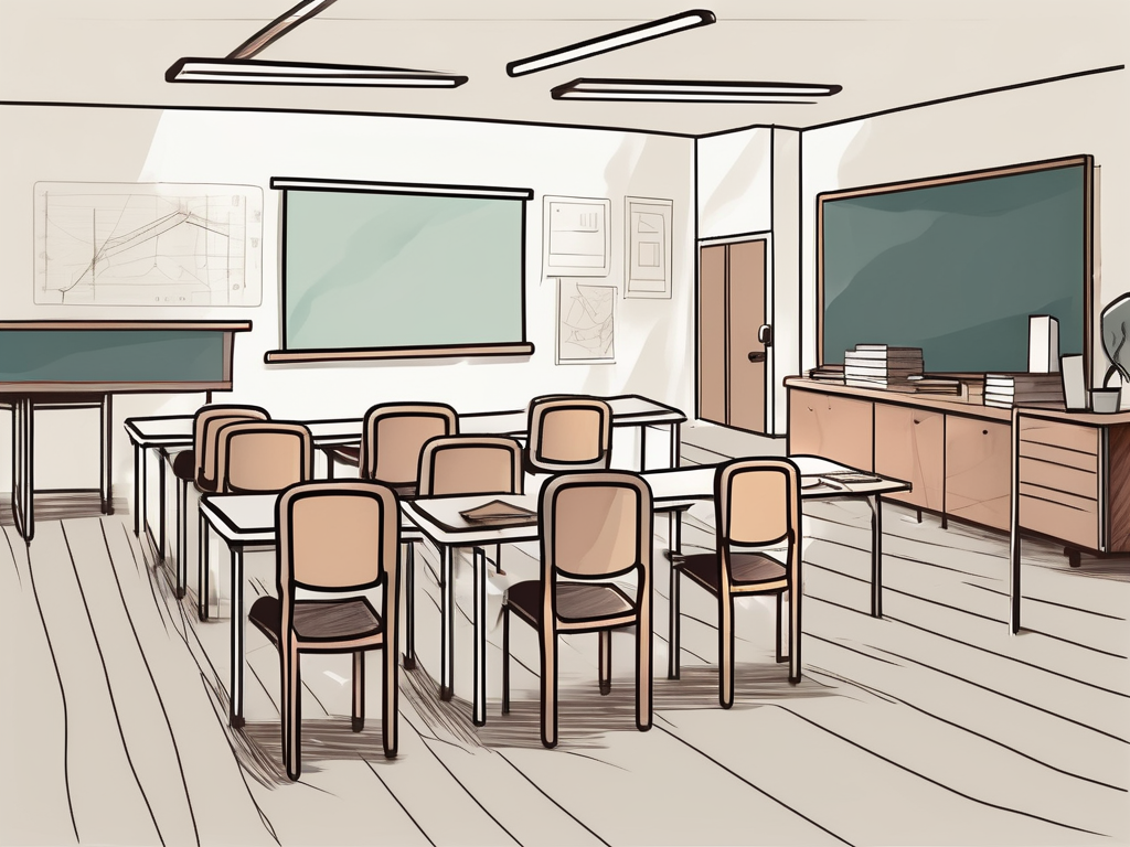 A classroom setting in singapore with various educational tools and a chair in the center