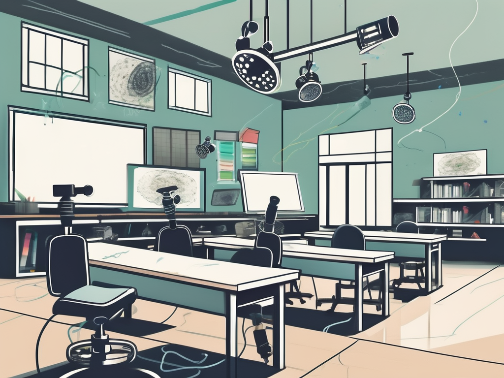 A classroom setting in malaysia with various stem tools like microscopes