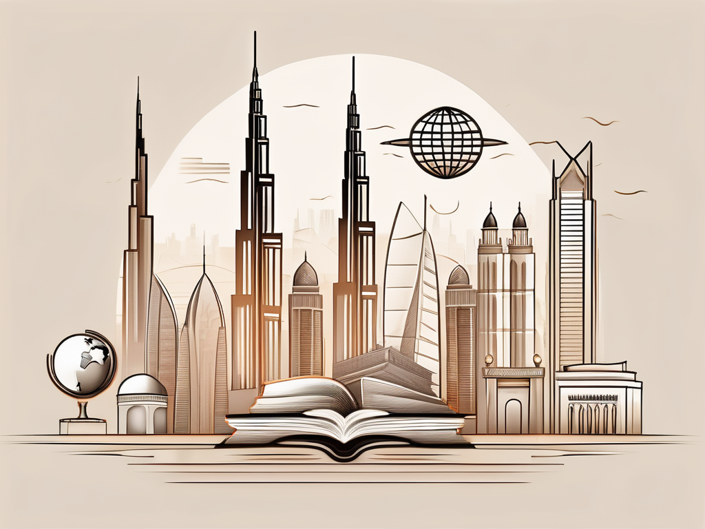 A traditional dubai skyline with various educational symbols like graduation cap