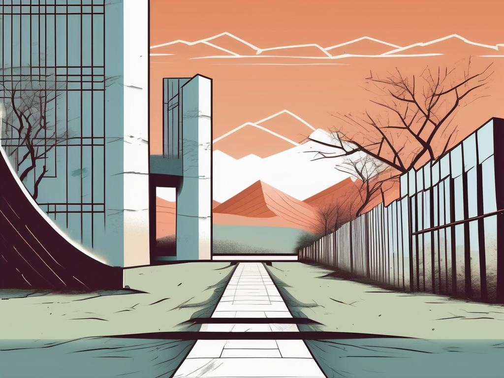 A symbolic broken border wall with four large hurdles on the other side