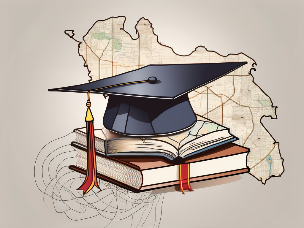 A stack of educational books next to a graduation cap