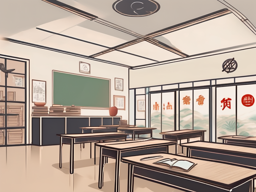 A classroom setting in china with various educational tools and symbols