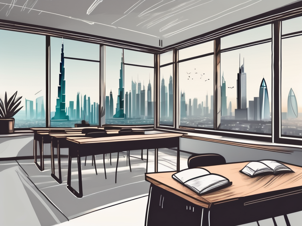 A classroom setting with a view of the iconic dubai skyline