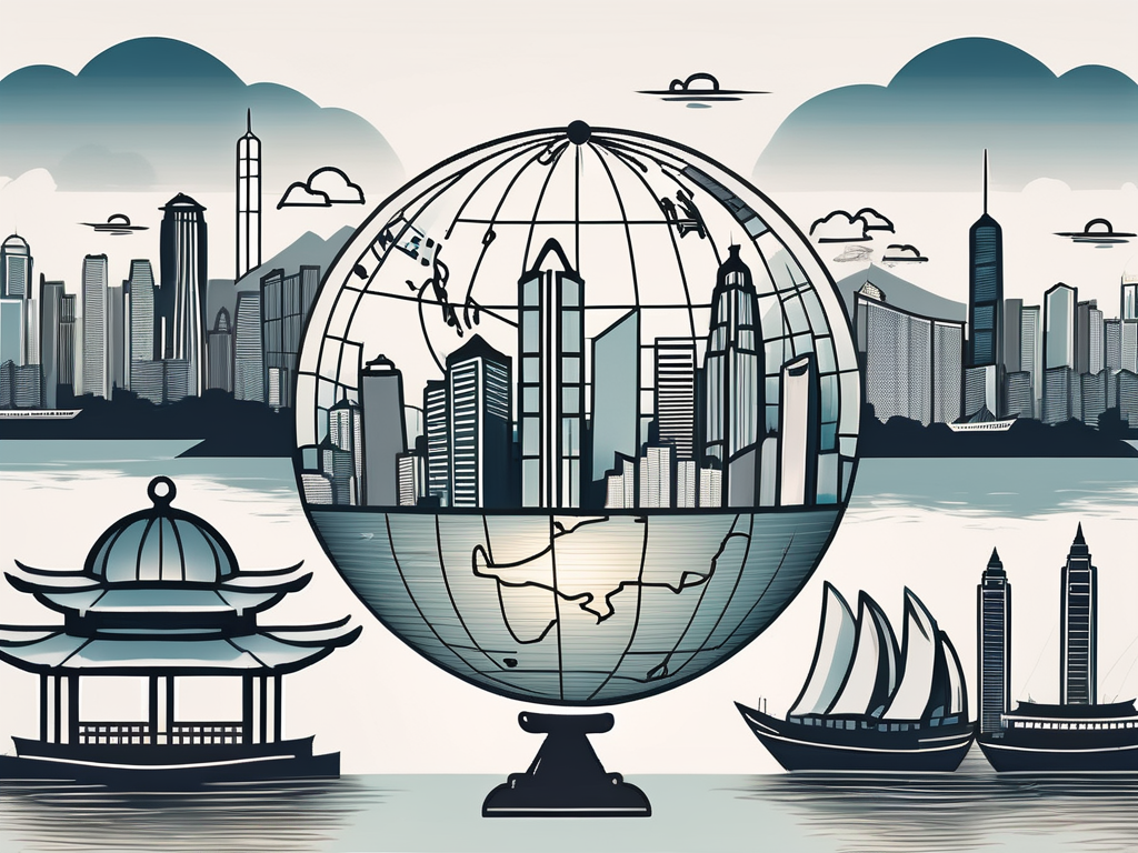 A skyline of hong kong with iconic landmarks