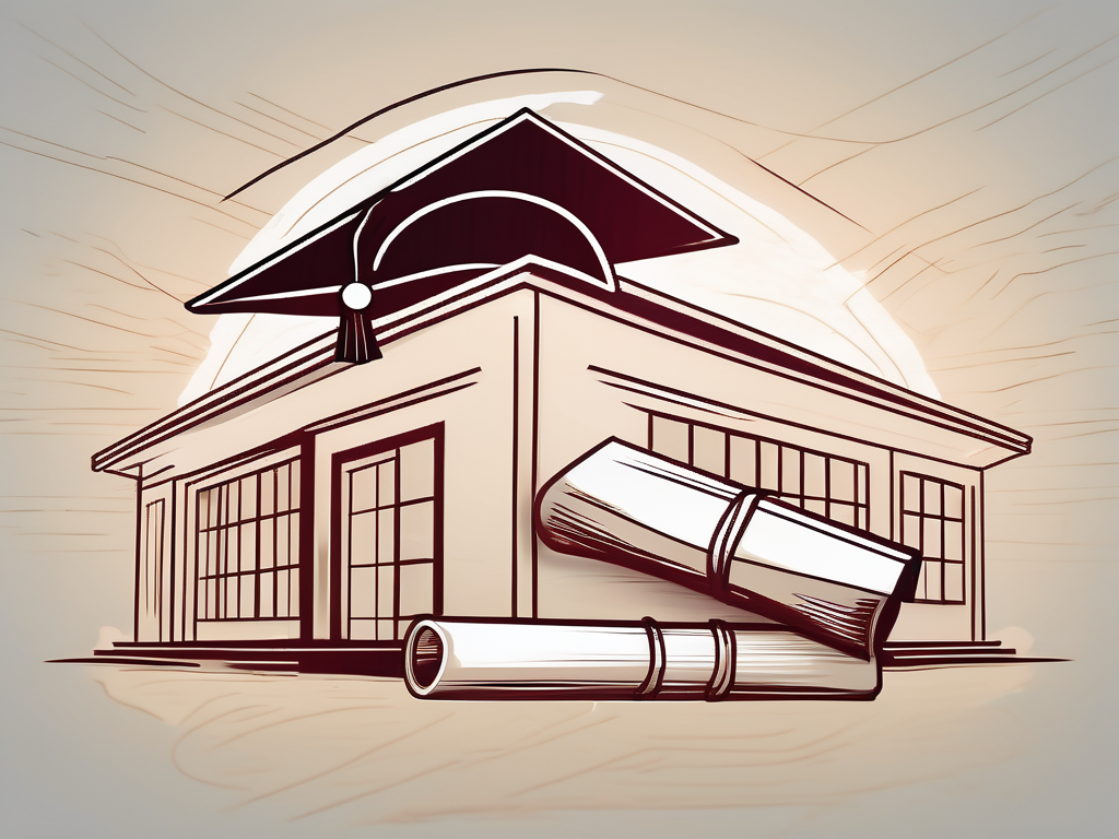 A traditional thai schoolhouse with a graduation cap and diploma placed prominently on the foreground to symbolize a master's in education