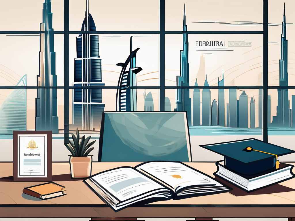 A classroom setting with a backdrop of iconic dubai landmarks