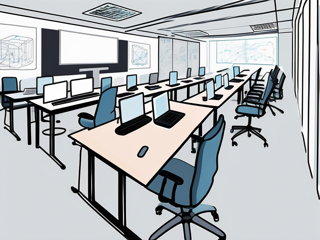 A modern singapore classroom setting with various technological tools such as laptops