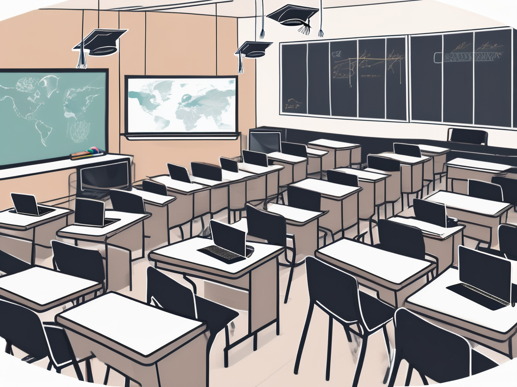 A modern malaysian classroom filled with advanced technological tools such as laptops