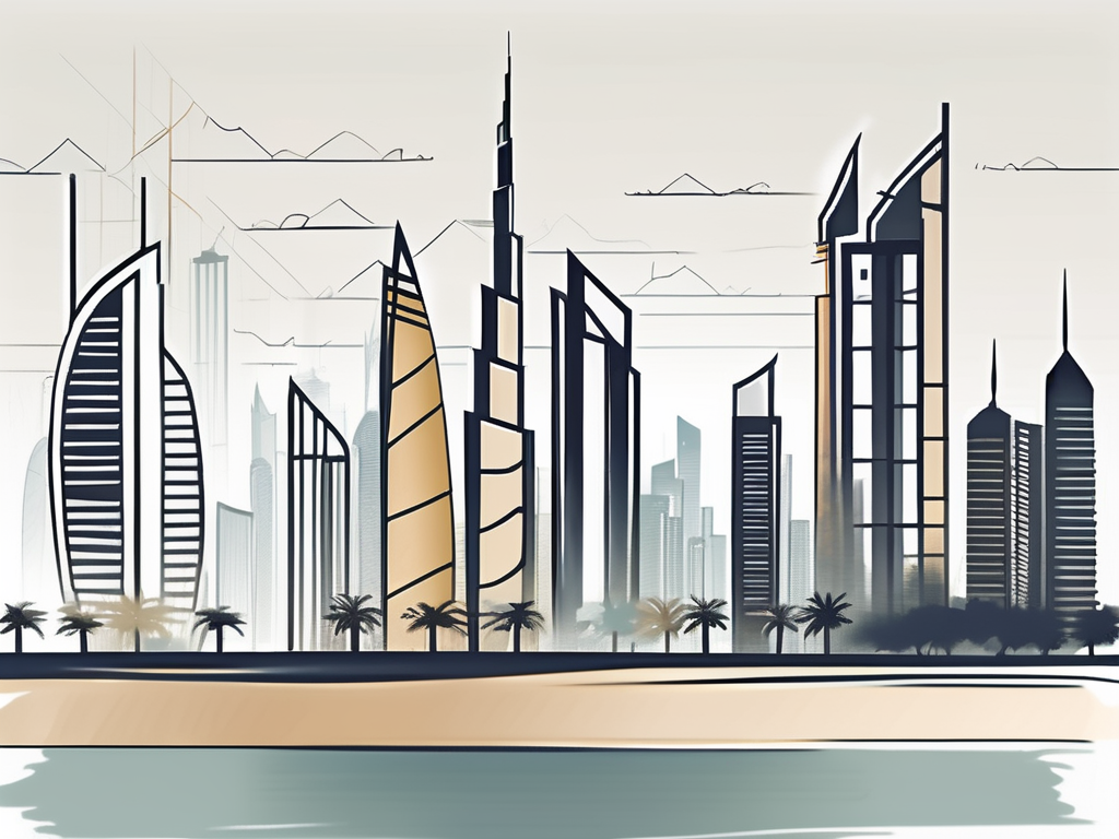 The dubai skyline with symbolic barriers like walls being broken down