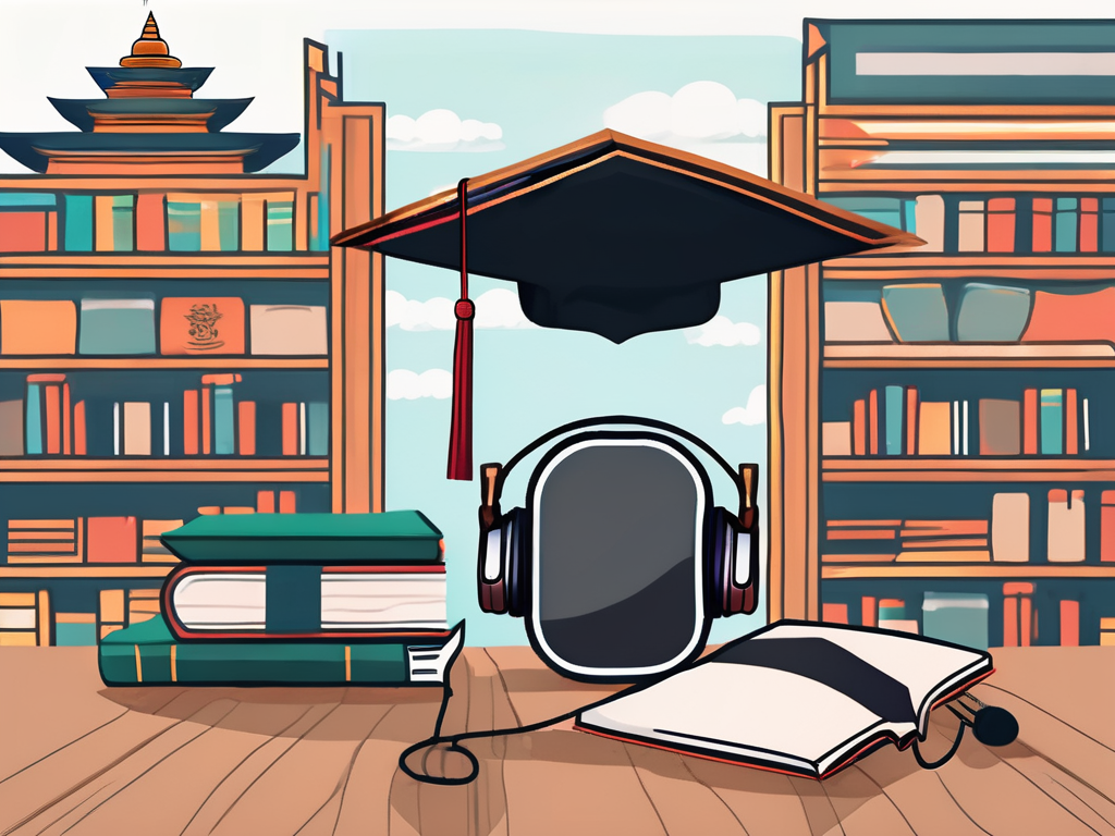 A classroom setting with tefl (teaching english as a foreign language) resources like books and headphones on the desk