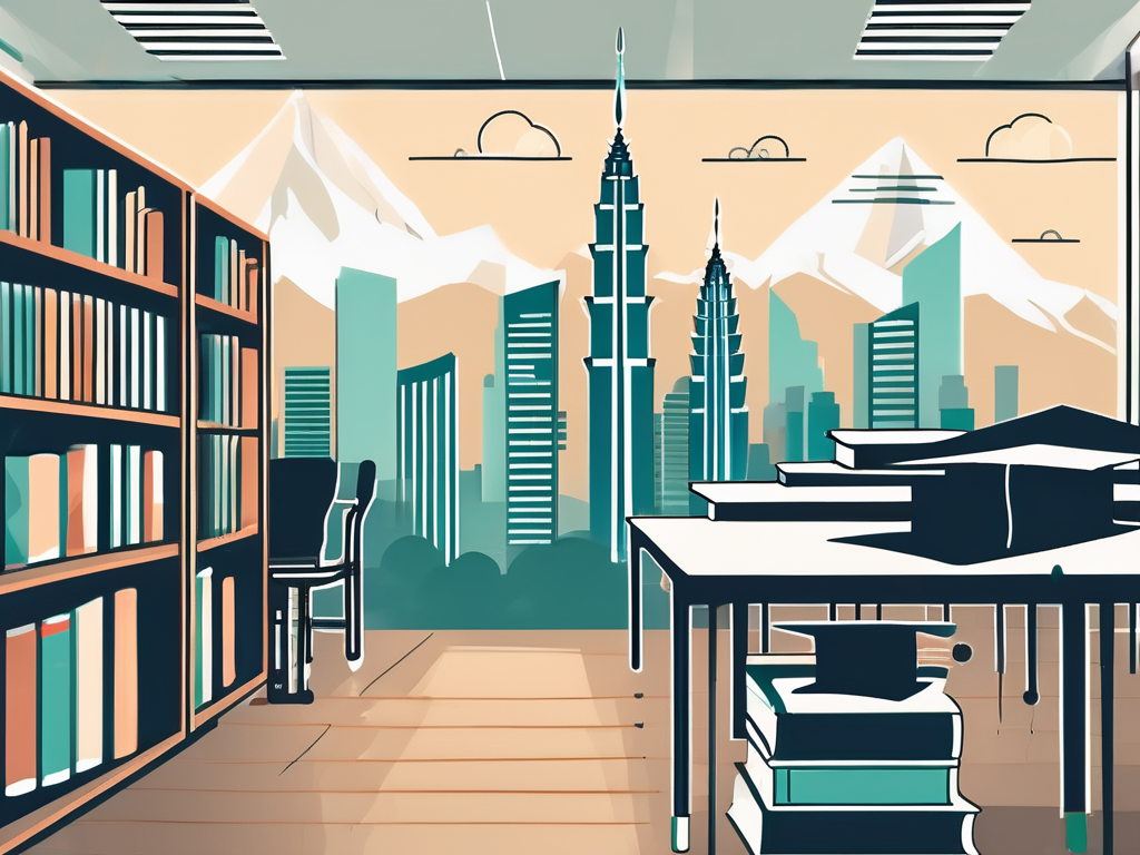 A classroom setting with iconic landmarks from malaysia