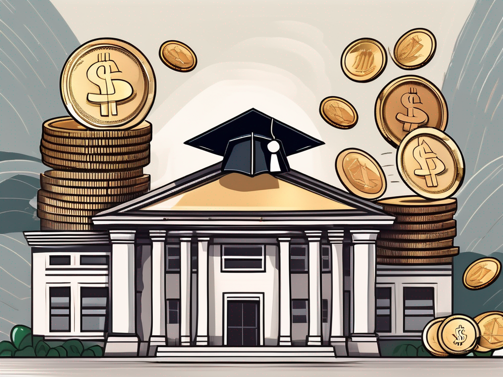 A traditional thai schoolhouse with a graduation cap and a stack of coins