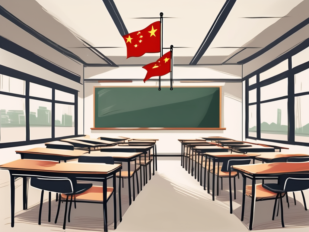 A classroom setting with empty desks and chairs