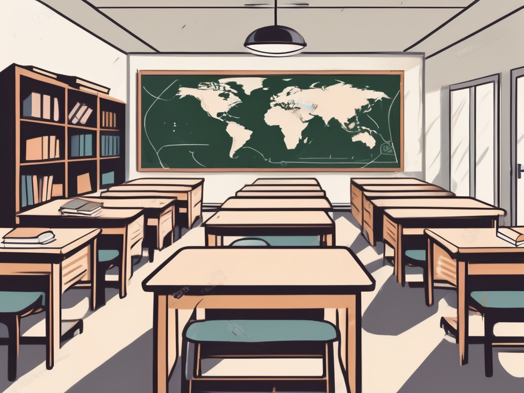 A classroom setting in malaysia with empty chairs and desks