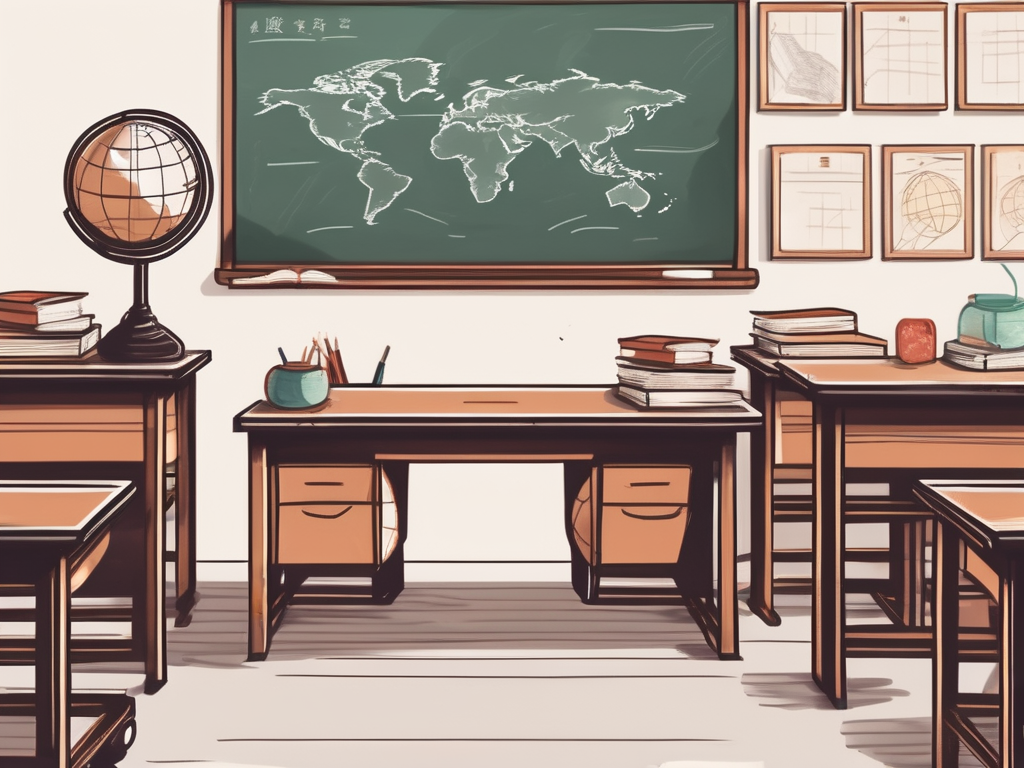 A classroom setting in china with a teacher's desk