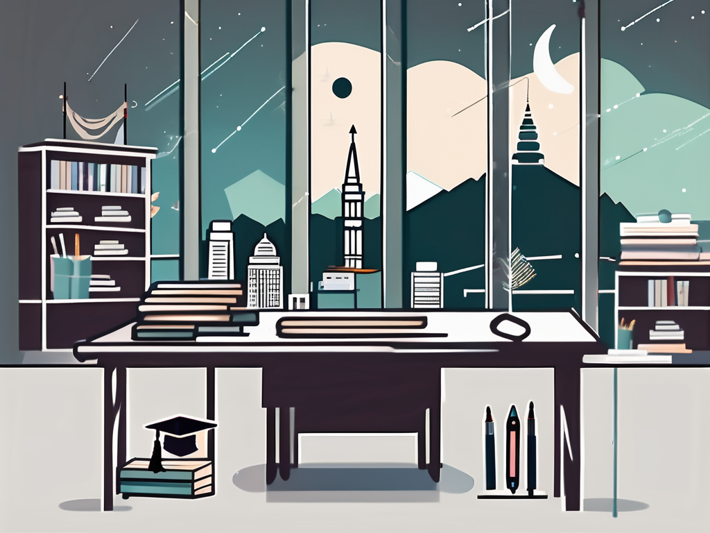 A classroom with a graduation cap on the teacher's desk