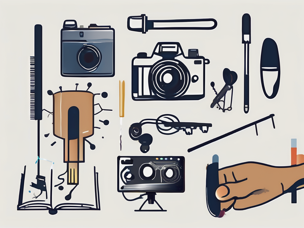 Various artistic tools like a paintbrush