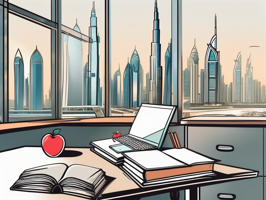 A classroom setting in dubai with a teacher's desk filled with books