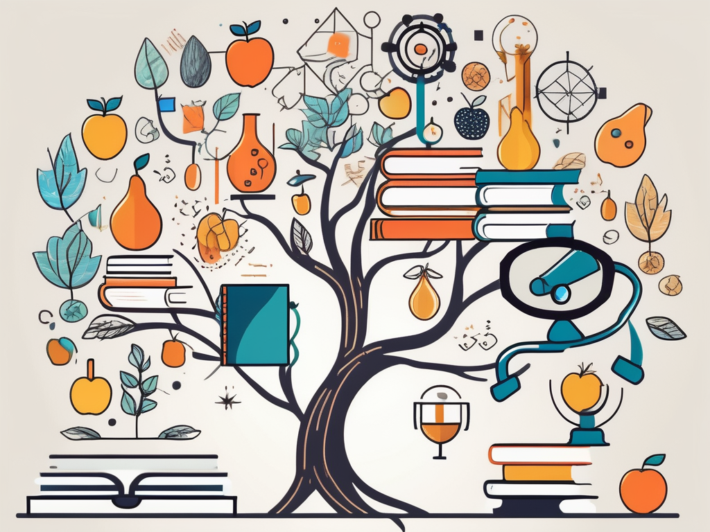 A tree with various educational symbols like books