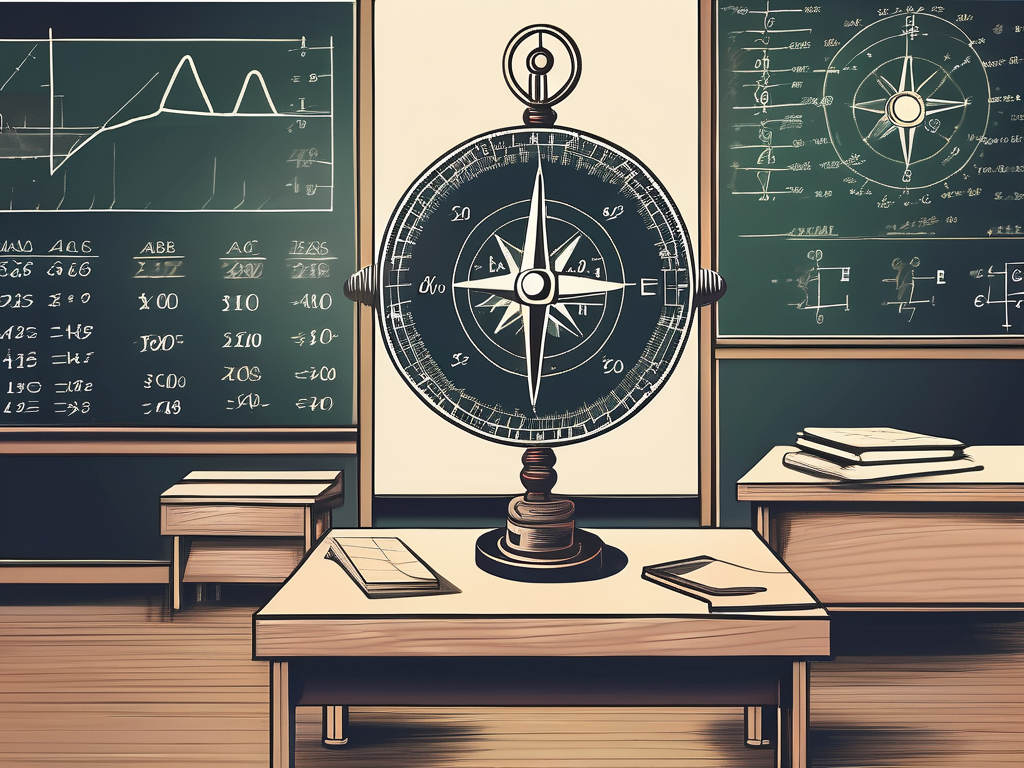 A classroom setting with various mathematical tools like a compass