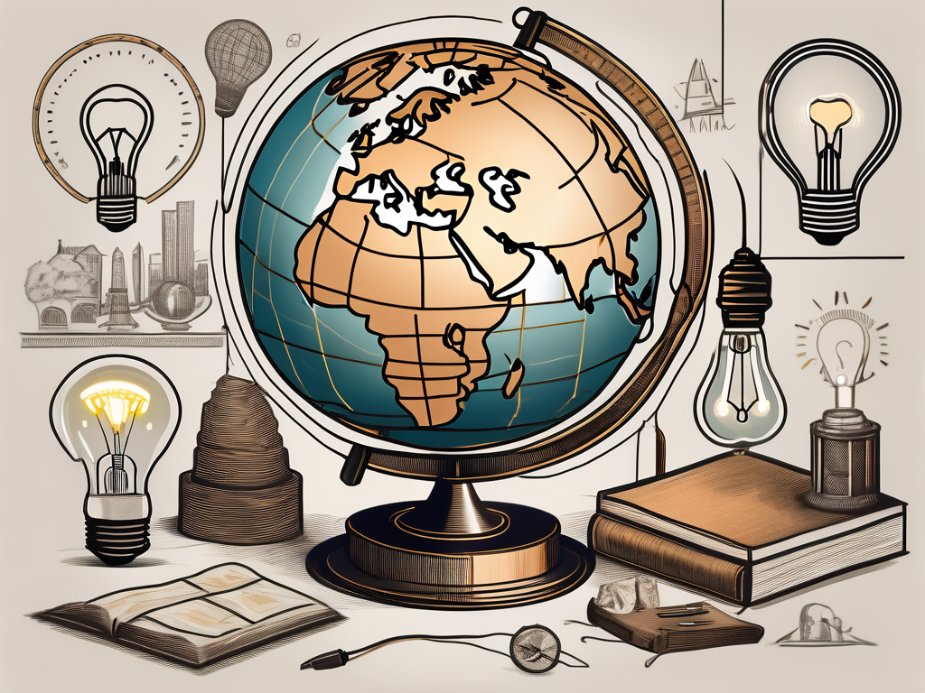 A vintage globe surrounded by various historical artifacts