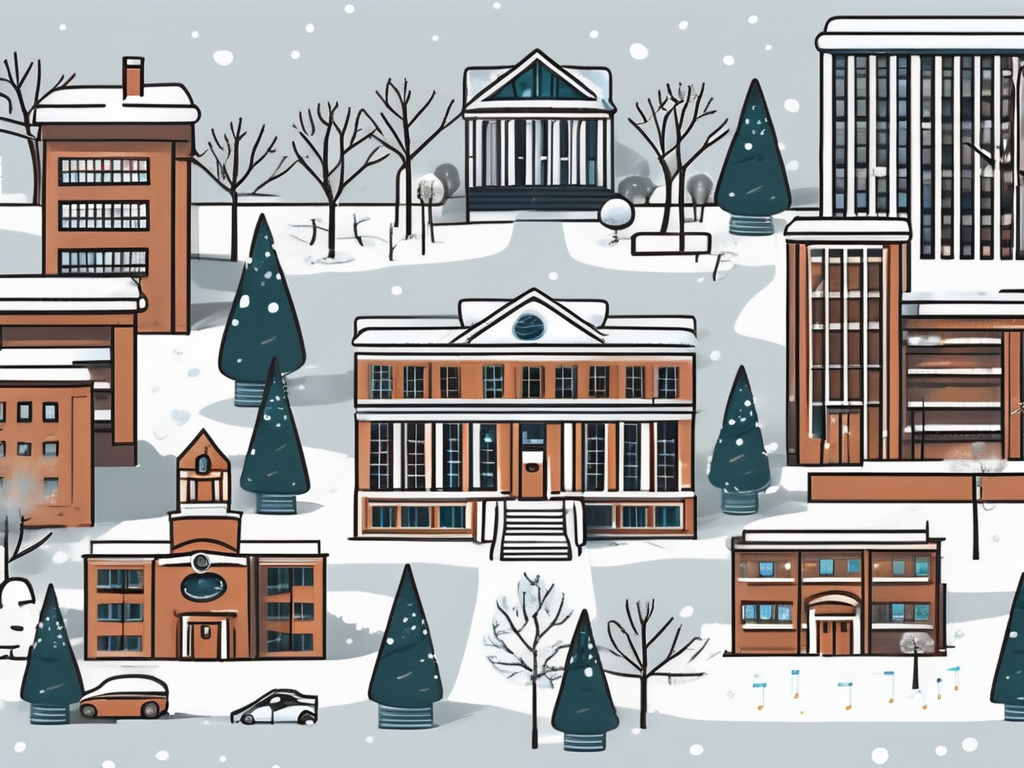 A snowy campus scene with eight different buildings
