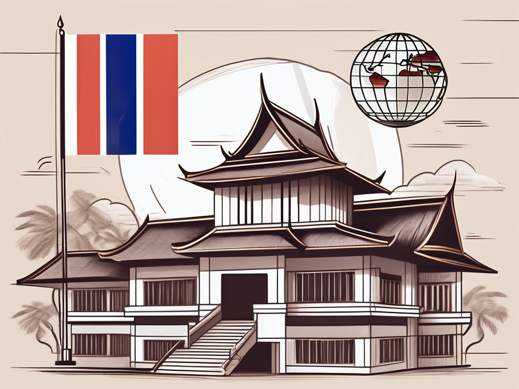 A traditional thai school building with an international flag hoisted on top