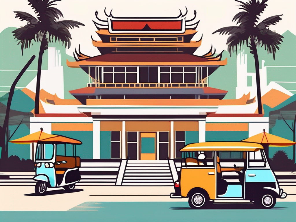 An international school building surrounded by thai cultural symbols such as a tuk-tuk