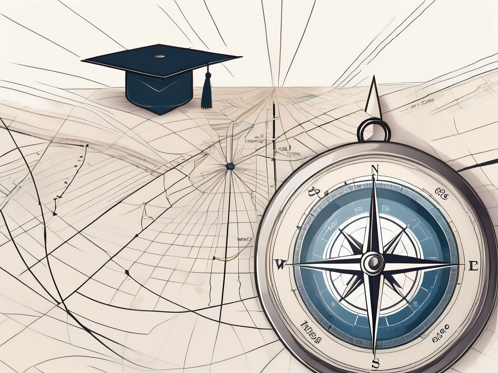 A compass and a graduation cap placed on a roadmap