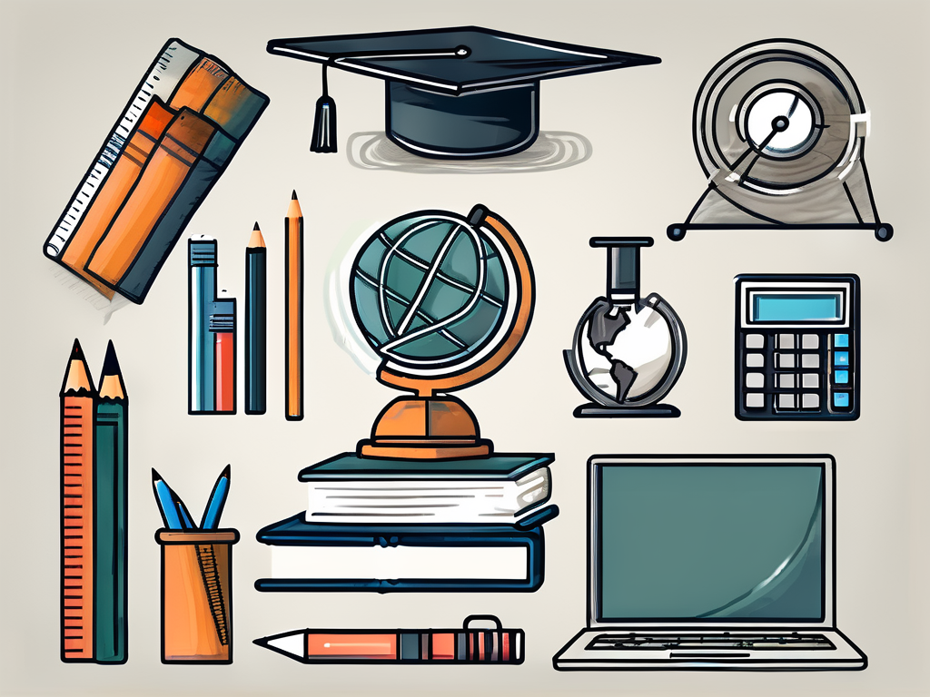 A collection of nine different educational tools such as a diploma