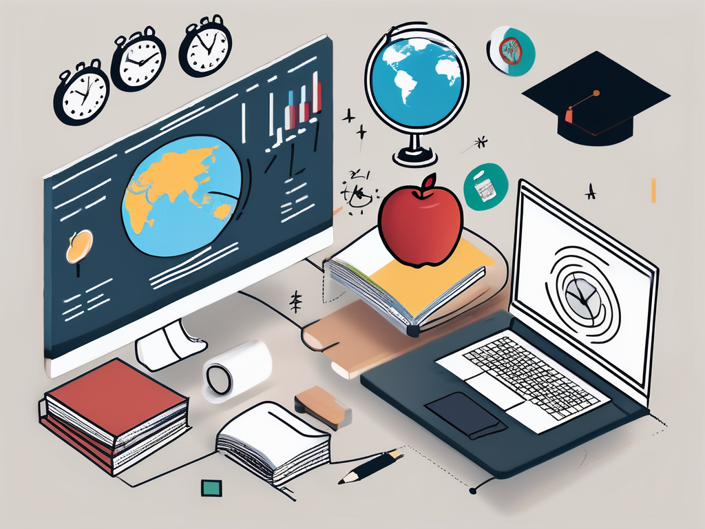 A laptop on a desk with various symbols representing flexibility (such as a clock