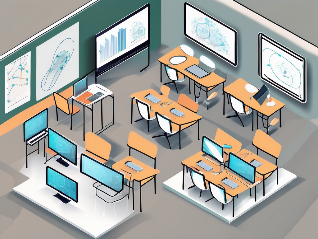 A digital classroom setting with various technological tools such as tablets