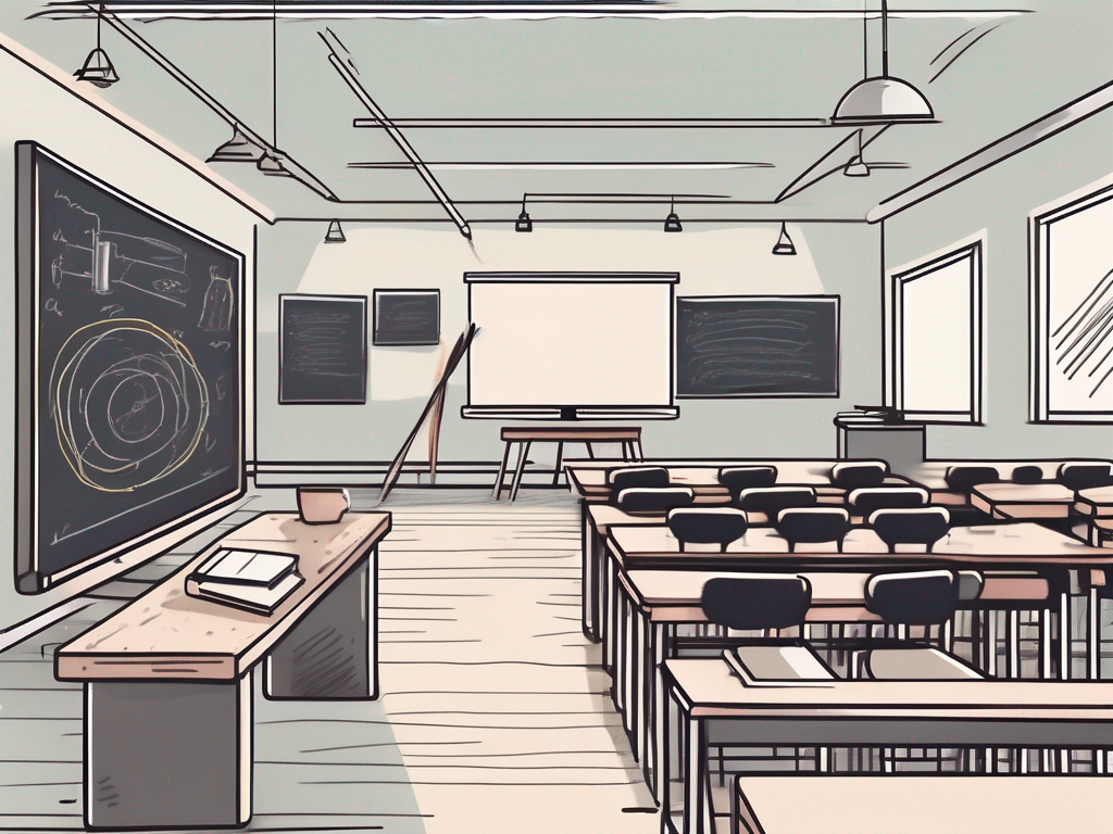 A classroom setting with various teaching tools such as a chalkboard