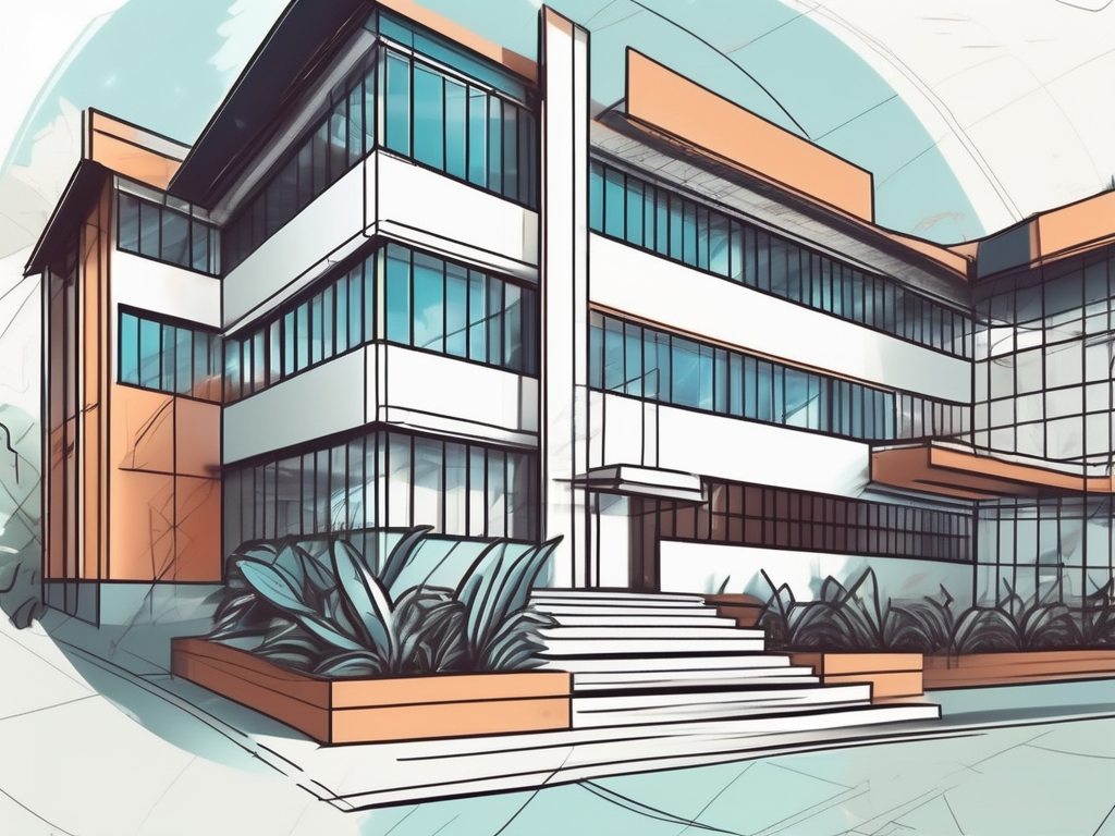 A modern international school building in thailand surrounded by symbolic elements representing trends such as technology