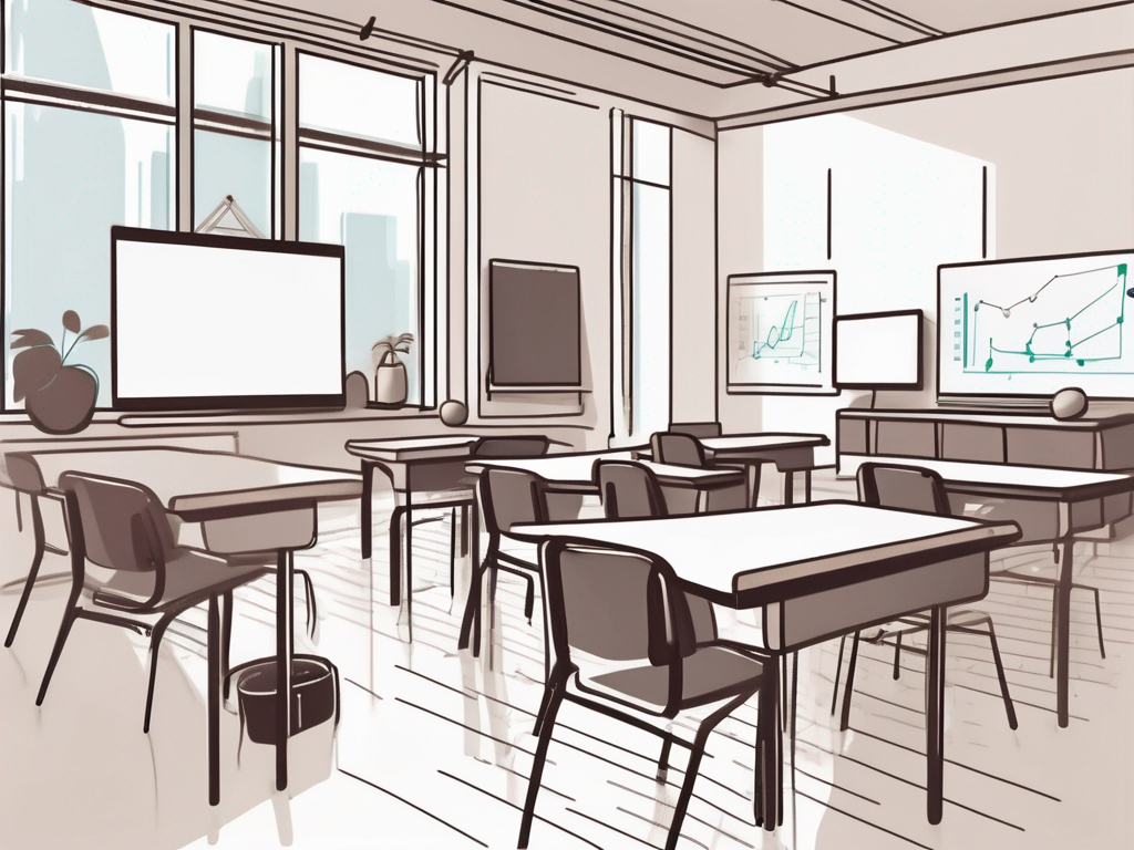 A classroom setting with advanced teaching tools like digital whiteboards