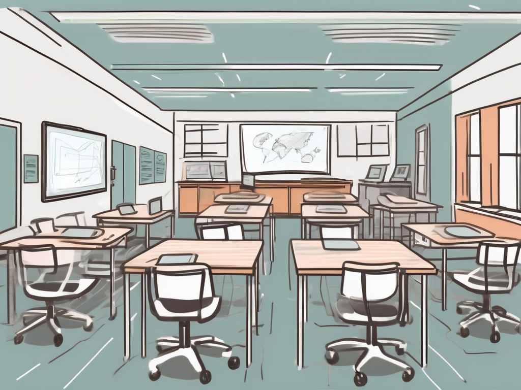 A modern classroom filled with various innovative teaching tools such as virtual reality headsets