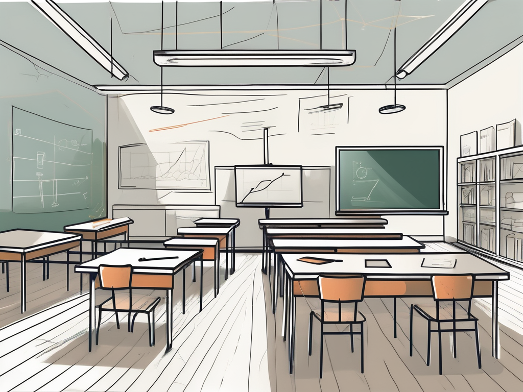 A classroom setting with various teaching tools and devices