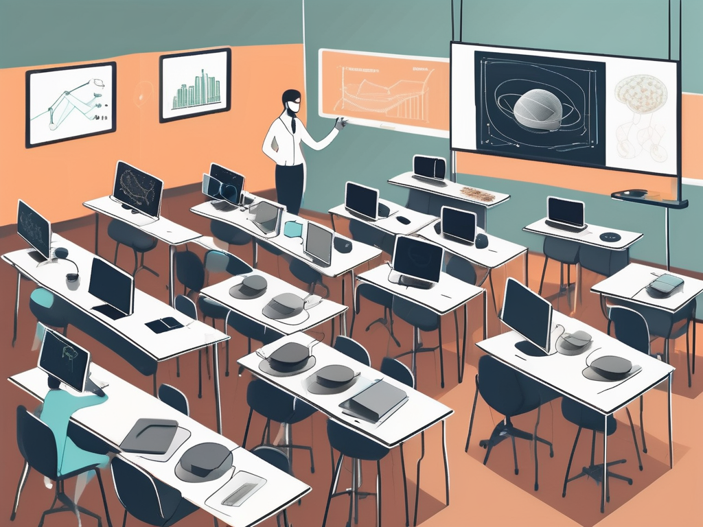 A modern classroom with various innovative teaching tools such as digital blackboards