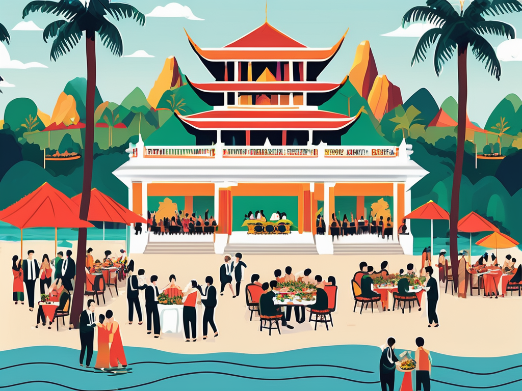 A festive scene with six different venues representing various social events