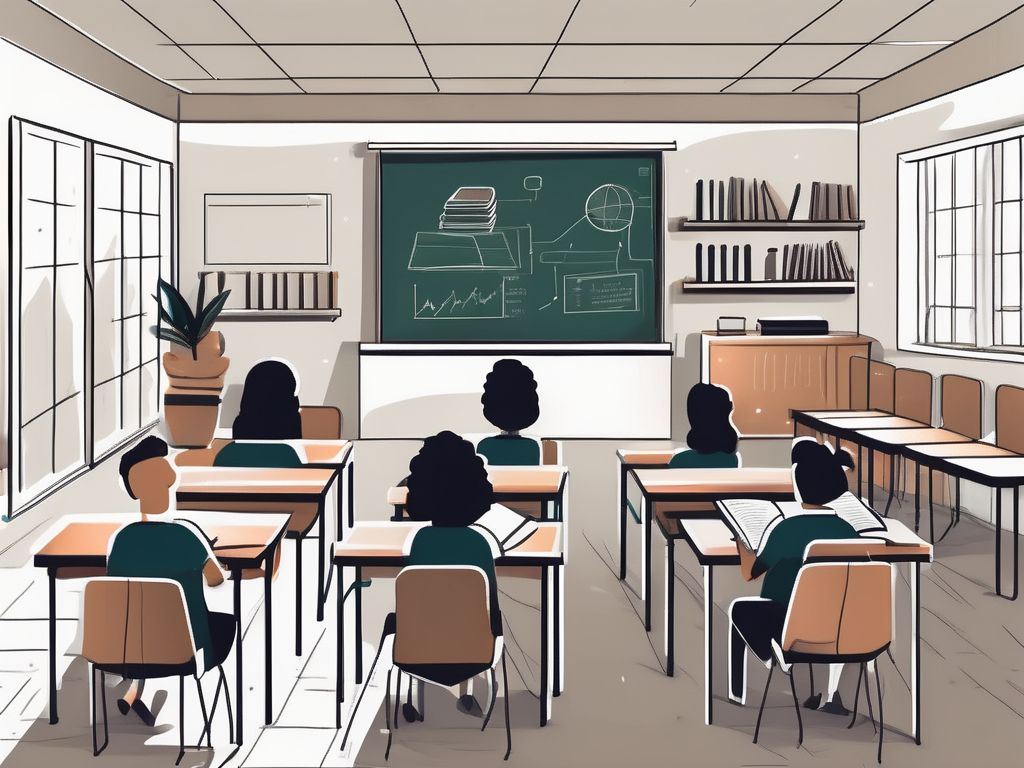 A classroom setting with various educational tools like books