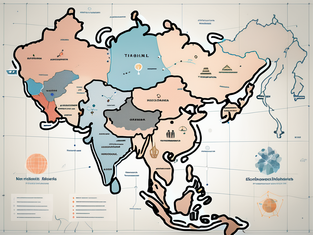 A map of thailand dotted with symbols of schools
