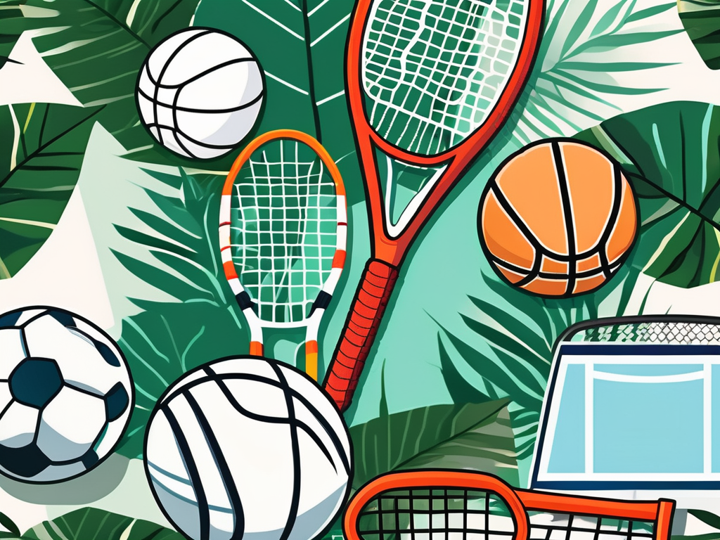 A variety of sports equipment like a soccer ball