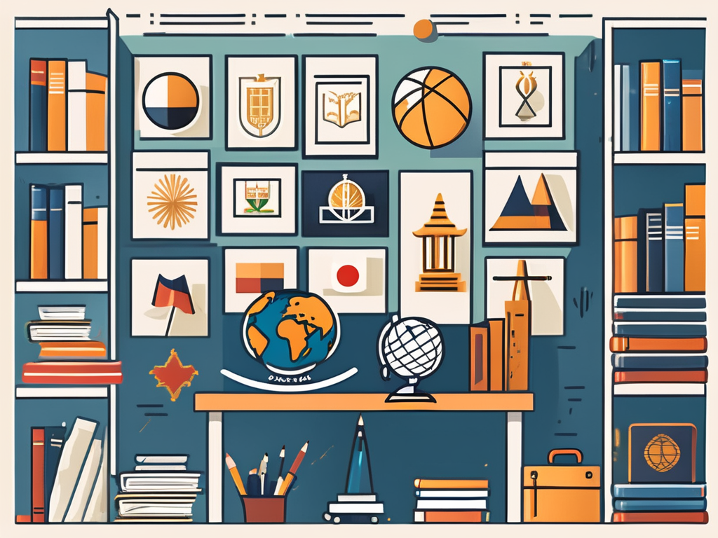 A diverse collection of international school buildings with a thai flag in the background